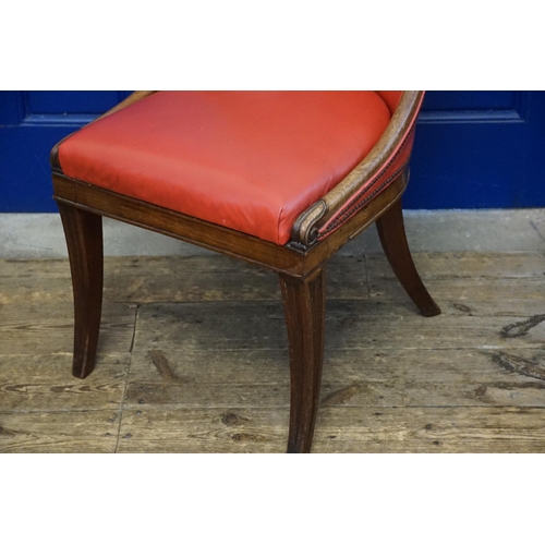 494 - A Regency design Scroll Back Carved Edged Desk Chair resting on Sabre Legs & upholstered in Red.