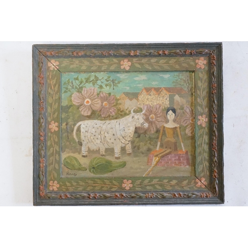 658 - A Primitive School of a Doll & a Cow in a Floral background contained in a purpose made frame, signe... 