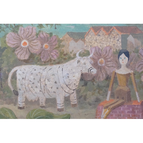 658 - A Primitive School of a Doll & a Cow in a Floral background contained in a purpose made frame, signe... 