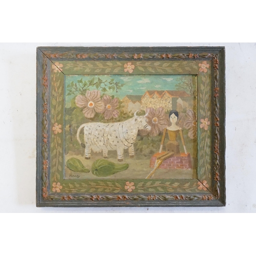 658 - A Primitive School of a Doll & a Cow in a Floral background contained in a purpose made frame, signe... 