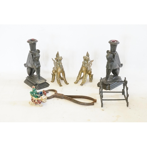 608 - A Pair of Classical design Sphinx Candlesticks, Two Stylised Dogs, Sugar Cutter, etc.