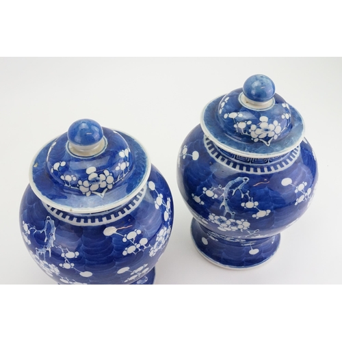 297 - A Pair of Chinese Blue & White Hawthorn pattern Ginger Jars with Covers. Measuring: 32cms high.