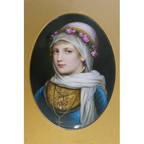 338 - A German Painted on Porcelain Study of a Young Girl in a Blue Dress with Cross & Jewellery, Folded S... 