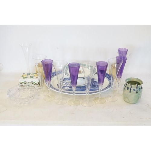 790 - A Blue & White Meat Plate, a Wedgwood Tazza, Portmeirion Butter Dish & various Champagne Flutes in P... 