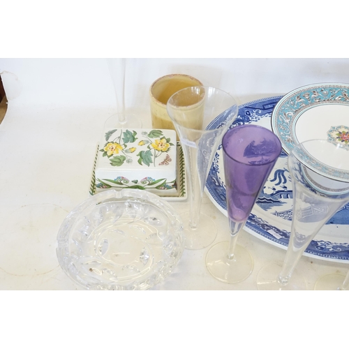 790 - A Blue & White Meat Plate, a Wedgwood Tazza, Portmeirion Butter Dish & various Champagne Flutes in P... 