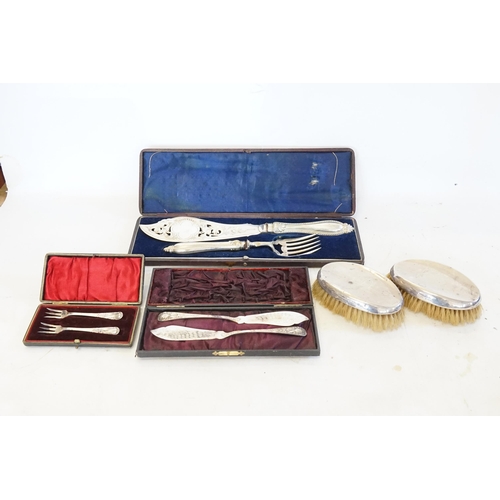 111 - A Cased Set of Silver Plated Fish Servers, Two various Cased Sets of Victorian Cutlery & Two Silver ... 