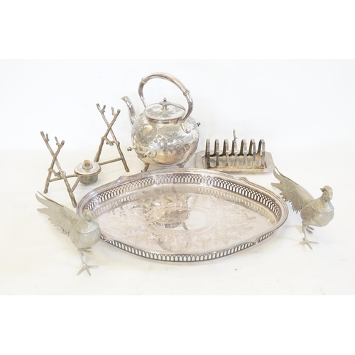 113 - A Victorian Britannia Metal Tea Kettle on Stand, Silver Plated Pheasants, Tray & a Silver Plated Toa... 