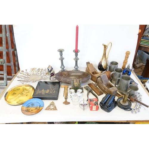 812 - Pewter Candlesticks, Mugs, Mortice Gauge, Lacquered Box, Candle Holders, etc.