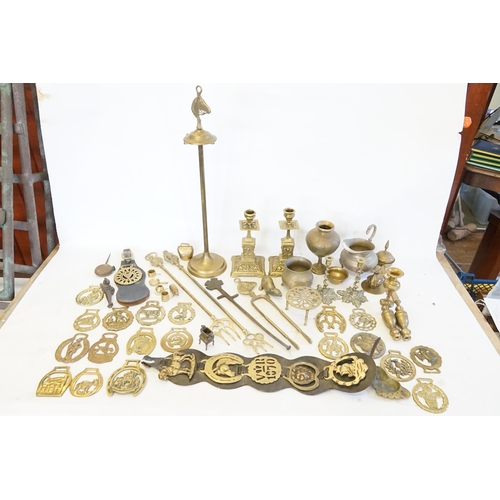 603 - A Pair of French Brass Candlesticks, Horse Brasses, Fireside Set, etc.