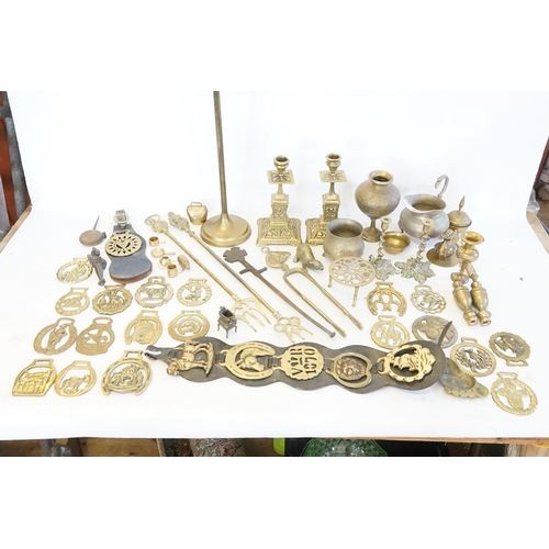 603 - A Pair of French Brass Candlesticks, Horse Brasses, Fireside Set, etc.