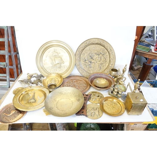 605 - A Chinese Brass engraved Dish on Stand, Brass Plaques, etc.