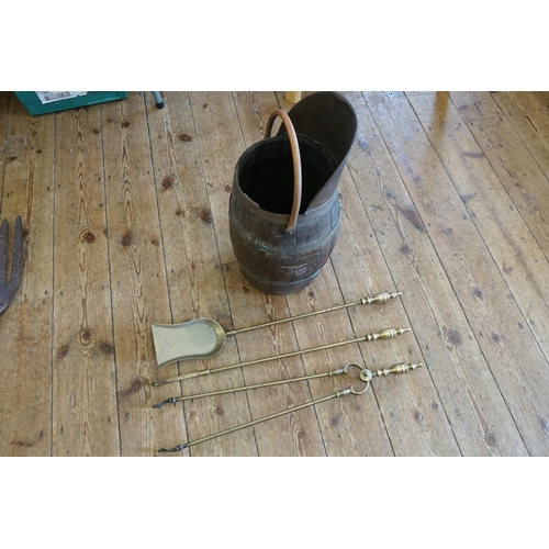 340 - A Staved Oak Swing Handled Coal Bucket along with Brass Fire Irons.