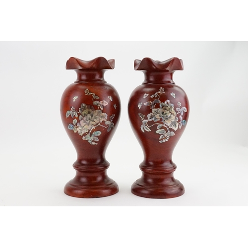 300 - A Pair of modern Mother of Pearl & Turned Hardwood, Carved & decorated Flower Vases. Measuring: 30cm... 