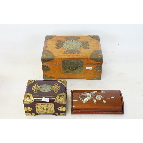 304 - A Jade Hardstone mounted Jewellery Box, one other & a Mother of Pearl inlaid Trinket Box.