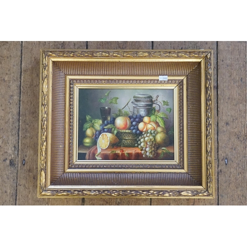 665 - An Vintage Oil on Board Painting of a Table with Fruit in a Gilt Frame. Measuring: 40cms x 36cms.