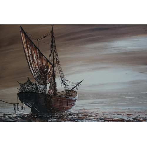 662 - An Oil on Board Contempary School of a Boat on a Shoreline, Framed & Signed. Measuring: 93cms x 52cm... 