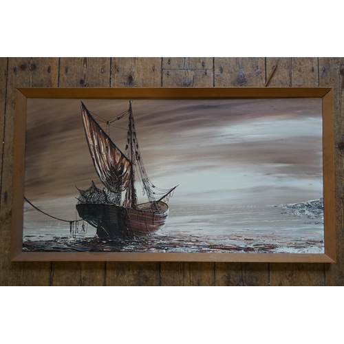 662 - An Oil on Board Contempary School of a Boat on a Shoreline, Framed & Signed. Measuring: 93cms x 52cm... 