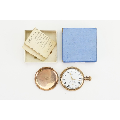 214 - A Gold plated Imshi Pocket Watch with an empress case, white enamelled face & sub second dial. (AF).