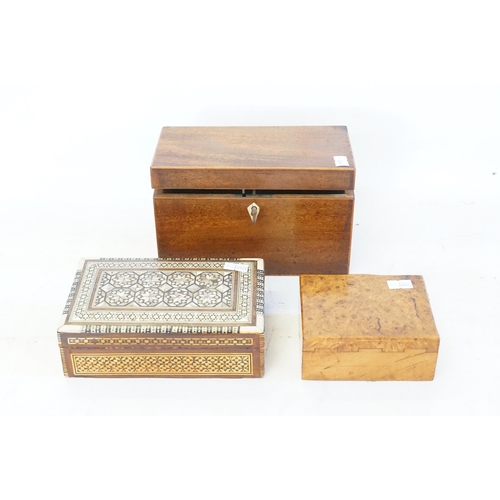 347 - A lockable wooden tea caddy along with a mother of pearl box and one other.