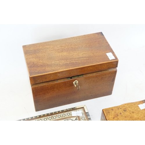 347 - A lockable wooden tea caddy along with a mother of pearl box and one other.