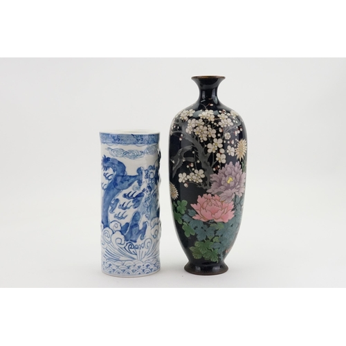 306 - A Japanese Cloisonné Floral decorated vase AF, along with a blue and white decorated vase.