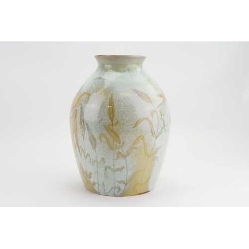 433 - A large Corbridge ware vase 2001 dated (duck). Issue number 001. Designer BS & M. Unusual sparrow an... 