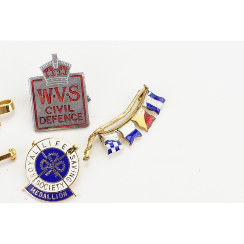 197 - A collection of various enamelled badges, including saving society, RNLI, 9ct gold flag brooch (4.7g... 