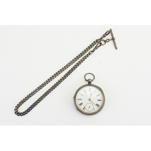 212 - A Silver white enamelled Sub second dial pocket watch with a Silver chain.