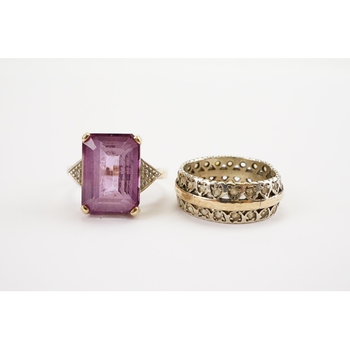 165 - A large Amethyst mounted 9ct Gold Ring along with a 9ct Gold paste set band. Weight 9.3g.