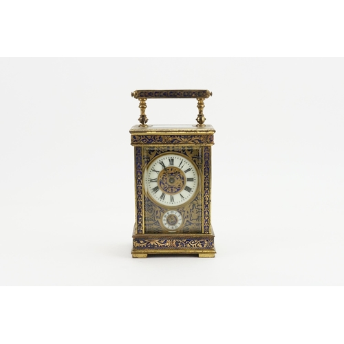 283 - An Antique blue enamelled and brass carriage clock with a white enamelled Roman dial, sub second dia... 