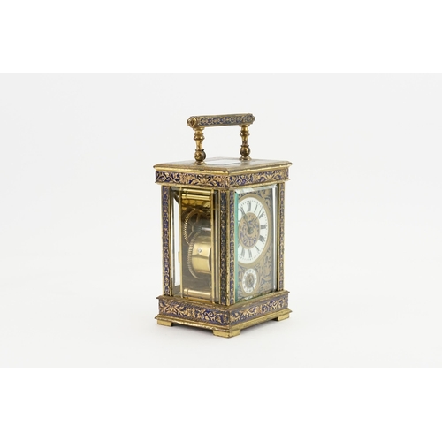 283 - An Antique blue enamelled and brass carriage clock with a white enamelled Roman dial, sub second dia... 