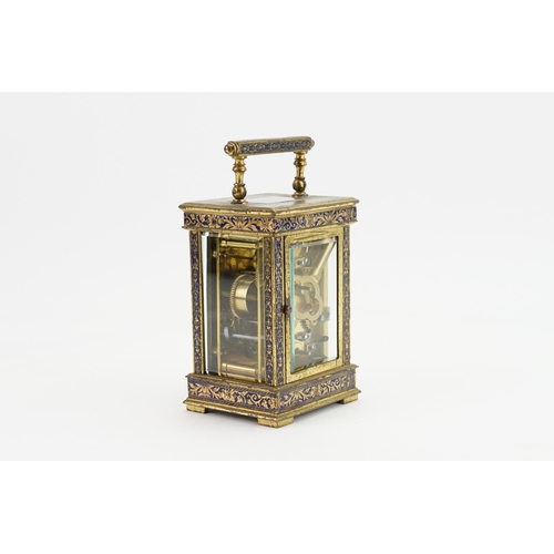 283 - An Antique blue enamelled and brass carriage clock with a white enamelled Roman dial, sub second dia... 