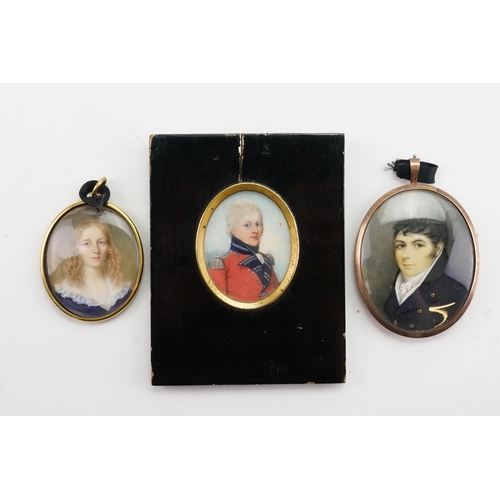 349 - A Collection of Three Georgian miniatures, one mounted in a rose gold colour case, brass & frame. Th... 