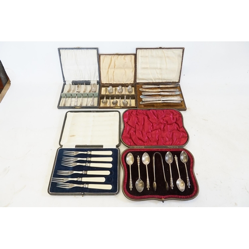 100 - Five various Cased Sets of Silver Plated Cutlery, a Pair of Silver Sugar Tongs, Silver Handled Butte... 