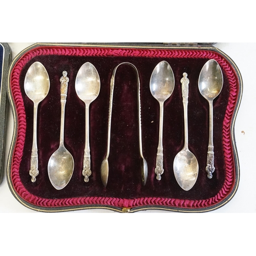 100 - Five various Cased Sets of Silver Plated Cutlery, a Pair of Silver Sugar Tongs, Silver Handled Butte... 