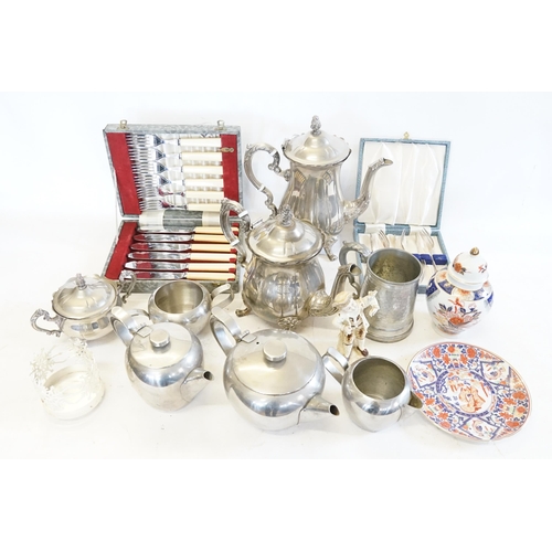 103 - A Collection of Silver Plated items to include a Three Piece Tea Set, Cutlery, Pewter, etc.