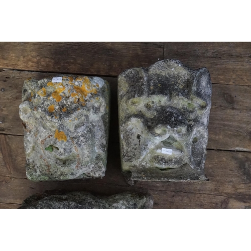 581 - Two Stylised Faced Garden Ornaments depicting Happy Beasts & a Stone Stand. Heads Measuring: 24cms &... 