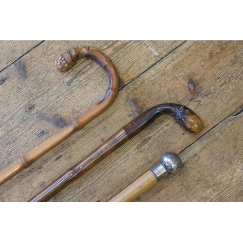 639 - A Silver metal Topped Walking Stick & Two 
Japanese Root Ball Walking Sticks.