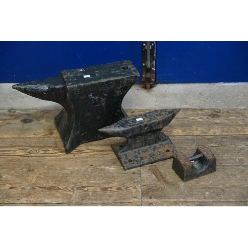 609 - A Very Heavy Antique 19th Century Blacksmiths Anvil with Circular Cone end, one other smaller one & ... 