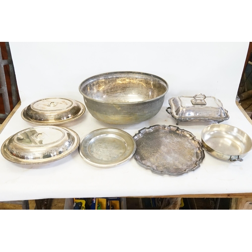 104 - A Silver Plated Meat Dish Cover, Three various Tureens & Covers, Silver Plated Dishes, Salver, Cutle... 