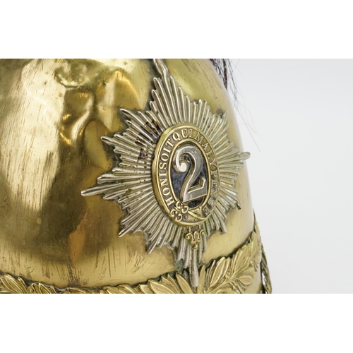 619 - A Pressed Brass Parade Helmet for the 2nd Dragoon Guards fitted with Horse Hair, Strap & insignia & ... 