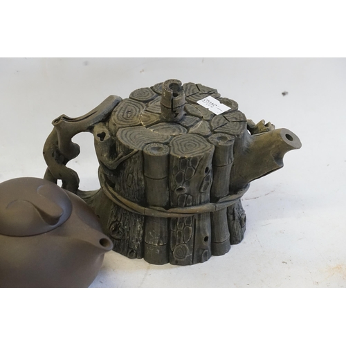 285 - A Chinese Yixing Tea Pot decorated with Calligraphy & Stamp, one other stylised Tea Pot & Clumpy Pot... 