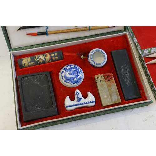 286 - A Chinese Cased Calligraphy Set with Paste Pot, Ink Stone, Washer, Two Seals & Brushes along with Se... 