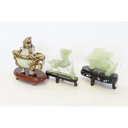 287 - A Chinese 'Jade' Incense Burner decorated with Mythical Beasts & Dragon Cover along with Two Horse S... 