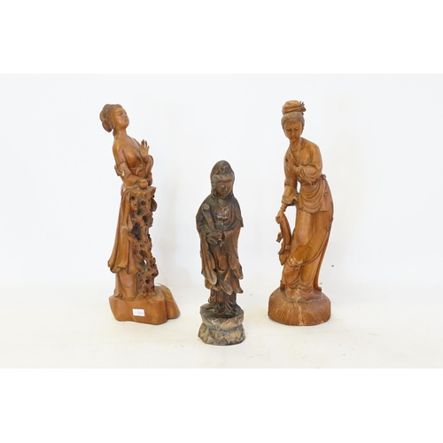 288 - An Antique Carved Wooden study of a Deity & two well carved studies of Young Ladies in Classical pos... 