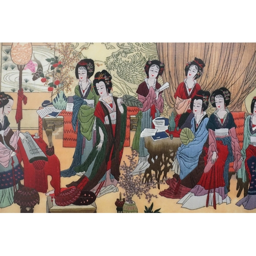 289 - A Chinese Embroidered Silk panel depicting a Musical Recital with Eleven Girls in attendance, Framed... 