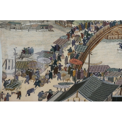 290 - An interesting Woven Silk Chinese scene of a Canal, Bridges & Market scene with signature in Separat... 