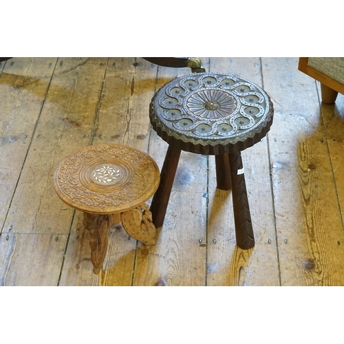 535 - A Chip Carved Milking Stool & a Cashmere Miniature Table.