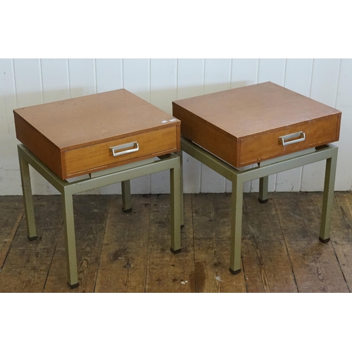 544 - A Pair of 1950s Teak Single Drawer Bedside Tables resting on metal legs. Measuring: 42cms x 38cms x ... 