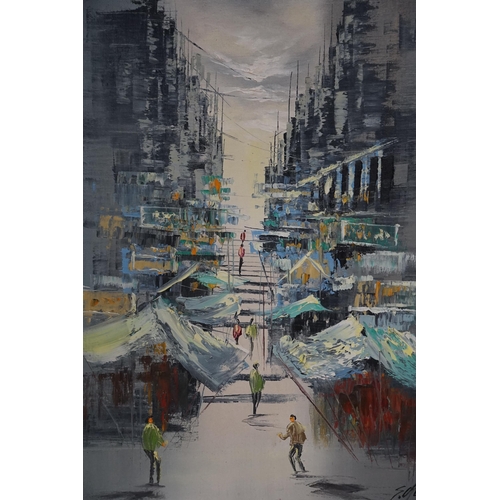 692 - A Hong Kong School modernist Oil on Canvas of a Street scene with Umbrellas, Signage & figures in fo... 